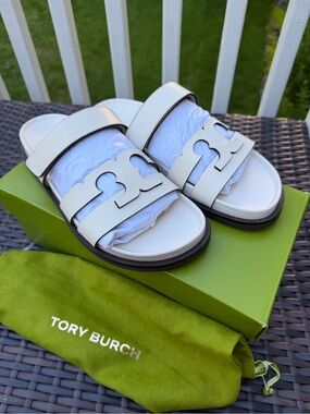 Tory Burch Cream Double-T Leather Slide Sandals size 8